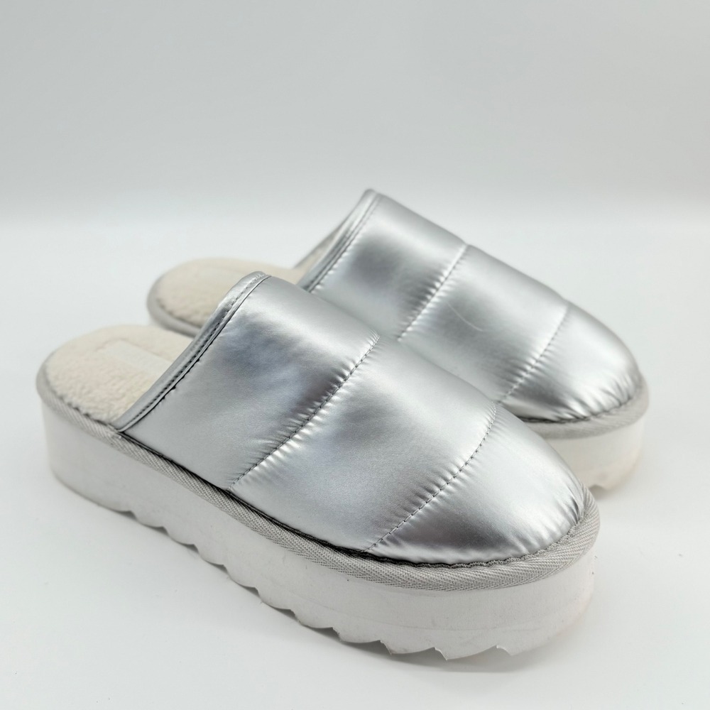 MAEVE Small 6/7 Puffer Platform Slippers Mules Metallic Silver Fuax Fur Lined
